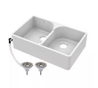 Traditional 795mm Double Bowl Fireclay Butler Kitchen Sink - Stepped Weir & Was