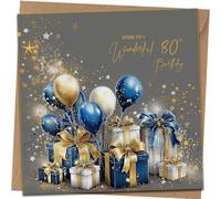 Traditional 80th Birthday Card - Gold White Blue Presents & Balloon Design Beautiful Birthday Card