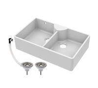 Traditional 895mm Two Bowl Fireclay Butler Kitchen Sink - Stepped Weir, Overflo