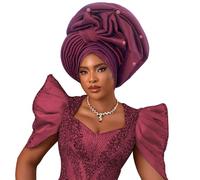 Traditional African Head Wrap, Auto Gele Style, Wedding Party Head Ties for Women, Church Ceremony Headwear, Wine Red, One Size