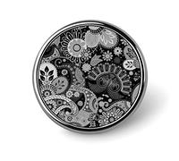 Traditional Ancient Asian Elements Paisley Floral Flowers Round Brooch Pin, Unisex Smooth Lapel Tie Pin, Lightweight Badge Jewelry Crafts Decor for Costume Accessory Men Women
