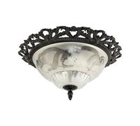 Traditional and Classic Ornate Metal and Floral Glass Flush Ceiling Light Fitting Happy Homewares Black One Size