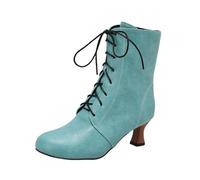 Traditional Ankle Boots With Heel Women's Retro Medieval Booties PU Leather Large Size Booties Strappy High Heels Autumn Winter Ankle Shoes(Green,7.5 UK)