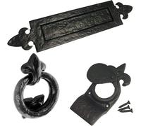 Traditional Antique Door Set - Letter Plate, Ring Door Knocker, Cylinder Pull - Fleur De Lys Design, 35.3X7.6X3 Cm