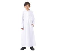 Traditional Arabic Thobe for Boys, Long Sleeve Embroidered Kaftan Robe Set, Lightweight Cotton Blend National Costume for Daily Wear & Festive Occasions, Ages 4-8 Years (White, 9-10 Years)