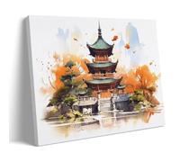 Traditional Architecture Canvas Wall Art, Colourful Tree Vintage Tower Painting on Textured Canvas Prints Picture Poster for Living Room Bedroom Home Wall Decoration Artwork Frame 12x18inch(30x45cm)