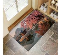 Traditional Architecture Indoor Doormat, Spring Cherry Blossoms Non-Slip Absorbent Machine Washable Resist Dirt Entrance Area Rug, Pink for Inside Entrance Front Back Door Garden,