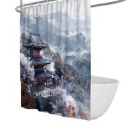 Traditional Asian Architecture Bathroom Curtain Japanese Snowy Pagoda Scene Shower Curtain Set with Plastic Hooks Extra Long Cloth Fabric 200 x 220 cm