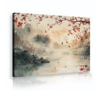 Traditional Asian Landscape Framed Canvas Artwork Zen Mountain River Misty Forest Cherry Blossom Red Flower Branches Birds Picture Stretched Printed Poster for Living Room Office Decor 50x75cm