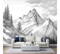 Traditional Asian Photo Mural Wallpaper 350W x 256H cm, Vintage Mountain Wilderness Forest Pine Tree Waterproof Wallpaper Mural - Black and White Wall Art for Bedroom Nursery Fireplace Living Room
