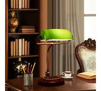 Traditional Banker's Lamp - Green with Pull Switch, Retro Desk Lamp with Brass Finish and Nostalgic Green Glass Shade on Wooden Base