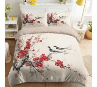 Traditional Bedding Set Single size 260 x 220 cm, beige Duvet Cover Set for bedroom older adults, plum blossoms swallows branches Bed Linen with Pillowcases, painting illustration Zip Closure
