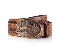 Traditional Belt Leather Handmade - Unique Costume Leather Belt with Deer Buckle - Hand-Carved Lederhosen Belt Friedl, brown, Bundweite 100 (50-52)