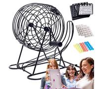 Traditional Bingo Set - Family Board Game With Bingo Cards, Manual Metal Lottery Machine Includes Round Cage - 18 Paper Cards, 75 Balls, 125 Coloured Markers