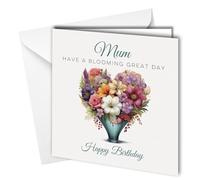 Traditional Birthday Card for Mum, Heart Shaped Flowers in vase design, Blank Inside, Mum Have a blooming great day #1765
