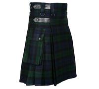 Traditional Blackwatch Tartan Utility Kilt, Wool-Acrylic Blend, Leather Straps, Cargo Pockets (36 inches / 91 cm) Green