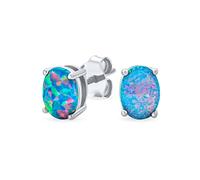 Traditional Blue Created Opal Oval Solitaire Stud Earrings For Women Basket Set .925 Sterling Silver 8MM October Birthstone