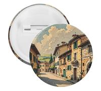 Traditional Brick Houses Badge Metal Round Pins, Lightweight Brooch for Backpack, Fashion Button Pins Badge for Shirts, Jackets, Shawl Coat, Unisex, 5PCS, Tinplate, metal round pins