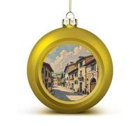 Traditional Brick Houses Christmas Tree Ornaments 1.6 Inch Shatterproof Pc Plastic Balls with Lanyard Baubles Hanging Christmas Ball Ornaments for Xmas Tree Holiday Party Wedding Home Decorations-gold