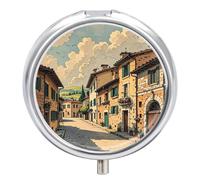 Traditional Brick Houses Metal Pill Organizer, 3 Compartment Waterproof Pill Case with Mirror for Purse Pocket Bag, Daily Medicine Vitamin Holder, Portable Travel Med Container(Round)