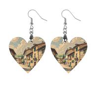 Traditional Brick Houses Wooden Earrings for Women, Vintage Elegant Wood Jewelry, Lightweight Earrings for Wedding, Party, Everyday Jewelry Gift, Circular, Wood, wood