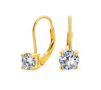 Traditional Bridal Round Brilliant Cut AAA CZ Solitaire Drop Earrings For Women Teens Yellow Gold Plated .925 Sterling Silver Leverback