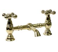 Traditional Bridge Basin Mixer Tap, Gold Plated Solid Brass, 200mm Centres, Cross-Head Handles, Classic Design