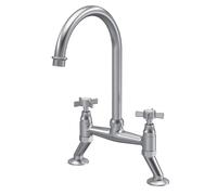Balterley Kitchen Tap with Dual Crosshead Handles, Bridge Kitchen Mixer Tap, Brushed Nickel Bridge Mixer Taps for Sink, Round Base with Curved Spout Taps for Sink - 235 x 200 x 510mm (Brushed Brass)