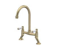 Balterley Kitchen Tap with Dual Lever Handles, Bridge Kitchen Mixer Tap, Brushed Brass Bridge Mixer Taps for Sink, Round Base with Curved Spout Taps for Sink - 235 x 200 x 510mm (Brushed Brass)