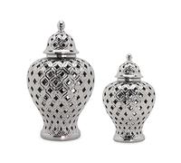 Traditional Carved Lattice Decorative Temple Jar Ceramic Ginger Jar with Lid for Home Decor Small Size White Silver