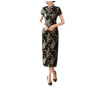 Traditional Cheongsam Costume Print High Slit Side Chinese New Year Party Cocktail Bodycon Brocade Short Sleeve Long Chinese Dress Cheongsam for Women Dress Black