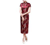 Traditional Cheongsam Costume Print High Slit Side Chinese New Year Party Cocktail Bodycon Brocade Short Sleeve Long Chinese Dress Cheongsam for Women Dress Wine