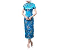 Traditional Cheongsam Costume Print High Slit Side Chinese New Year Party Cocktail Bodycon Brocade Short Sleeve Long Chinese Dress Cheongsam for Women Dress Blue