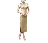 Traditional Cheongsam Costume Print High Slit Side Chinese New Year Party Cocktail Bodycon Brocade Short Sleeve Long Chinese Dress Cheongsam for Women Dress Gold