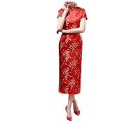 Traditional Cheongsam Costume Print High Slit Side Chinese New Year Party Cocktail Bodycon Brocade Short Sleeve Long Chinese Dress Cheongsam for Women Dress Red