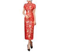 Traditional Cheongsam Costume Print High Slit Side Chinese New Year Party Cocktail Bodycon Brocade Short Sleeve Long Chinese Dress Cheongsam for Women Dress Watermelon Red