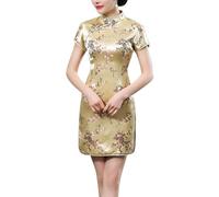 Traditional Cheongsam Costume Print High Slit Side Chinese New Year Party Cocktail Bodycon Short Dress, Plum Gold, L