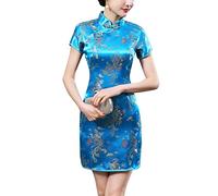 Traditional Cheongsam Costume Print High Slit Side Chinese New Year Party Cocktail Bodycon Short Dress, Dragon Blue, L