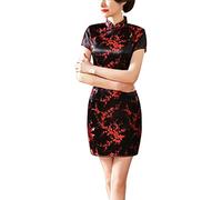 Traditional Cheongsam Costume Print High Slit Side Chinese New Year Party Cocktail Bodycon Short Dress, Plum Black/Red, L