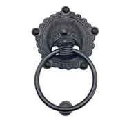 Traditional Chinese Animal Head Door Handle, Vintage Cast Iron Ring with Elm Wood Plank, Courtyard Gate(Nero,15.5 * 22cm)