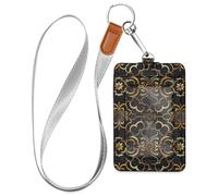 Traditional_Chinese Black Gold Floral Badge Holder with Lanyard and 3-Card Capacity Name Card Holders for Office Worker Nurse Teacher Student