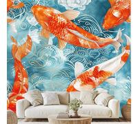 Traditional Chinese Carp Lotus Floral 3D Wallpaper Abstract Wave Fish Wall Stickers 200x140 cm Modern Art Canvas Wallpaper for Bedroom Living Room Stickers Mural Peel and Stick Wall Art Wf13g
