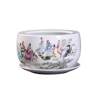 Traditional Chinese Ceramic Planter Pot with Eight Immortals Scene & Saucer Round Oriental Porcelain Flowerpot for Indoor/Outdoor Bonsai, Succulents Vintage Home & Office Decor Gift,19*12CM