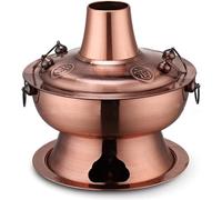 Traditional Chinese Copper Hot Pot, Vintage Charcoal Copper Shabu Shabu Hot Pot Stainless Steel Chinese Hotpot Soup Pot Shabu Cookware Pan with Chimney for 2-7 People(Red Copper,34cm)