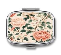 Traditional Chinese Flowers Portable Pill Organizer with 2 Compartments Square Medicine Box Compact Travel Pharmacy Case