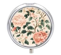 Traditional Chinese Flowers Portable Pill Organizer with 3 Compartments Round Medicine Box Compact Travel Pharmacy Case