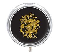 Traditional Chinese Golden Dragon Gold Dragon on Black Dark Iron Pill Box Case Organizer with Internal Separate Plastic Dividers, Travel Small Medicine Bag Holder Carrier Round Container