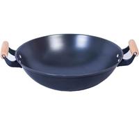 Traditional Chinese Hand Hammered Iron Woks, Multipurpose Cast Iron Woks Stir Fry Pans with Double Wooden Handles, No Coating/Less Oil/Non-Stick(36cm)
