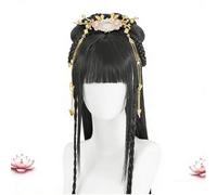 Traditional Chinese Hanfu Cosplay Wig Pink Flower with Gold Tassel Headpiece Black Wig with Bangs and Braids Women's Ancient Style Hair Accessory