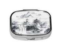 Traditional Chinese Ink Painting Pattern Pill Case Pill Box Travel Pill Organizer Small Square Medicine Box for Purse & Pocket Gifts